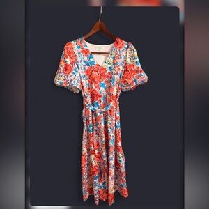 Jade Floral Midi Dress in Red and Blue